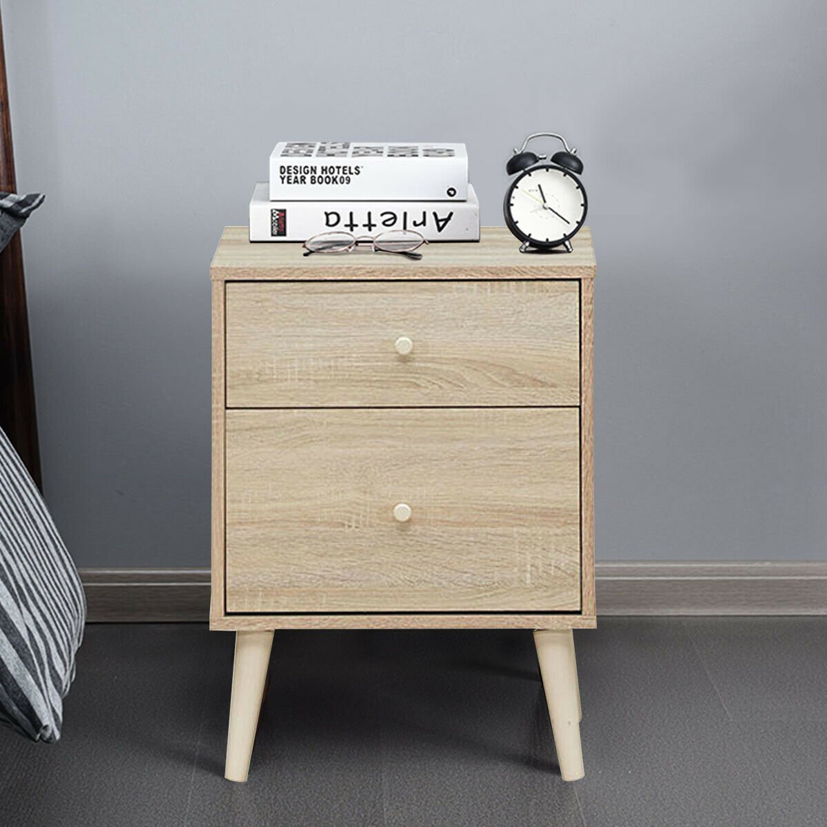 2-Drawer Nightstand Beside End Side Table with Rubber Legs, Natural Nightstands   at Gallery Canada