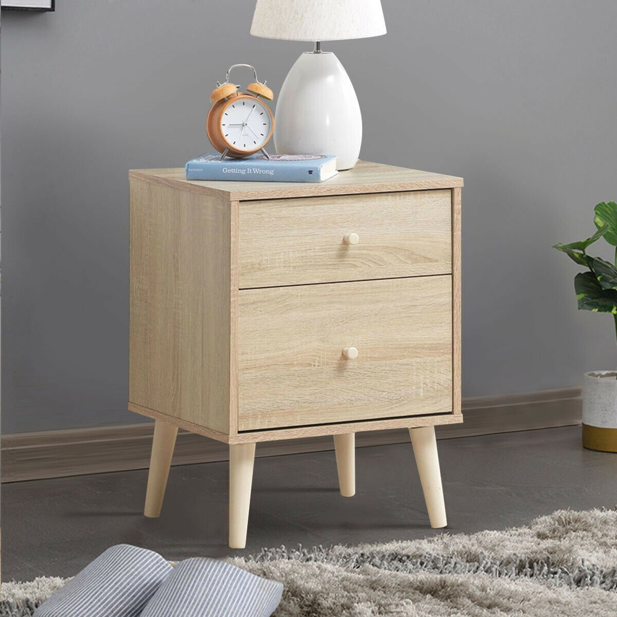 2-Drawer Nightstand Beside End Side Table with Rubber Legs, Natural Nightstands   at Gallery Canada