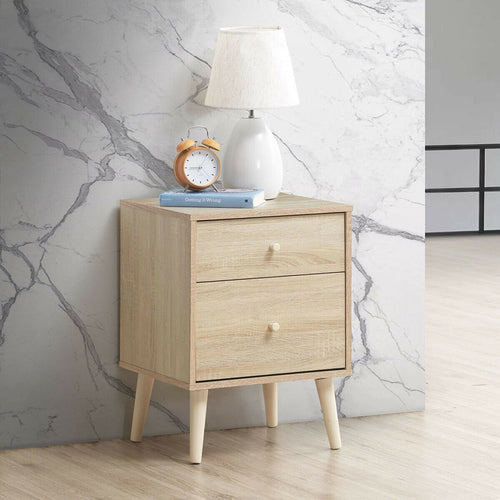 2-Drawer Nightstand Beside End Side Table with Rubber Legs, Natural