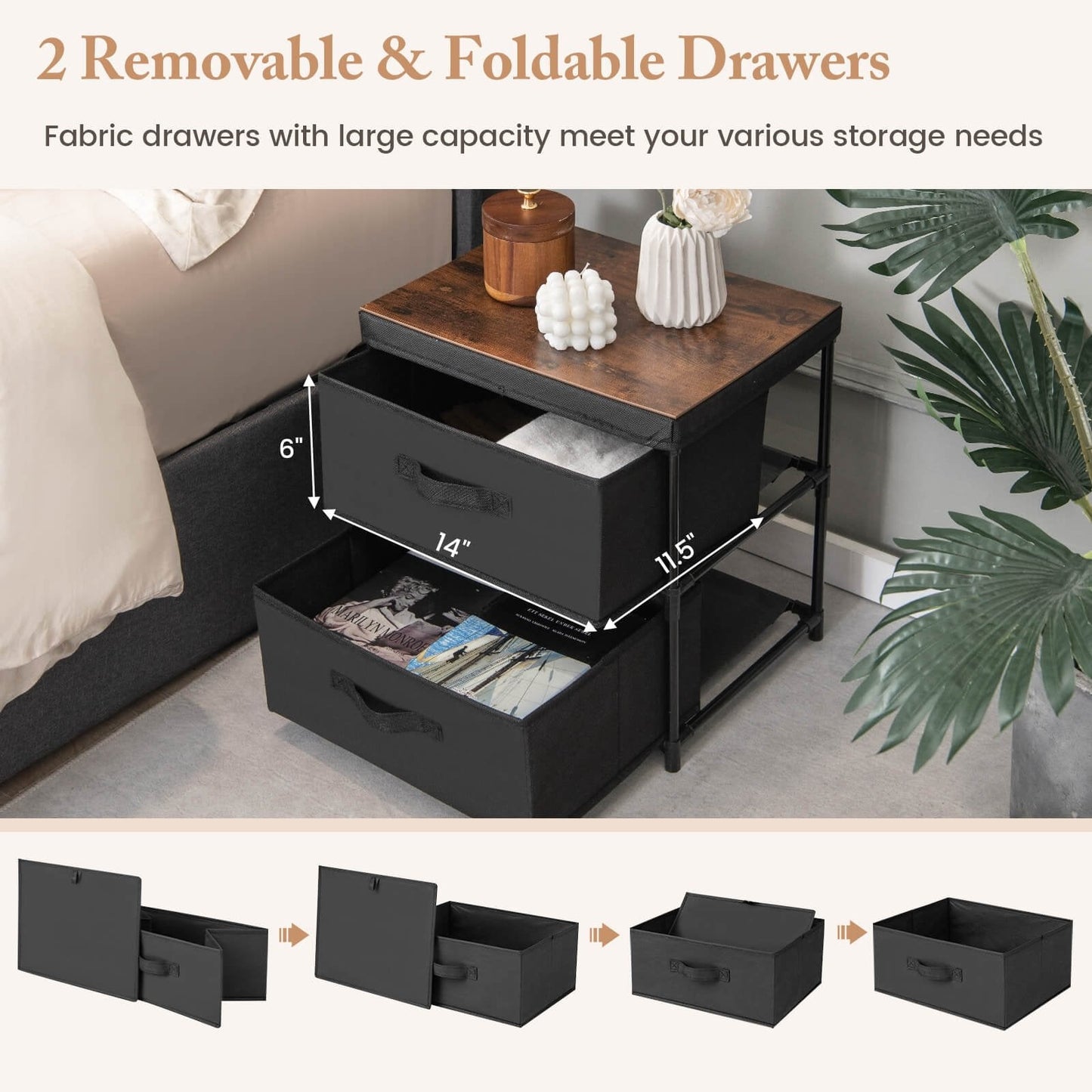 2-Drawer Nightstand with Removable Fabric Bins and Pull Handles, Black Nightstands   at Gallery Canada