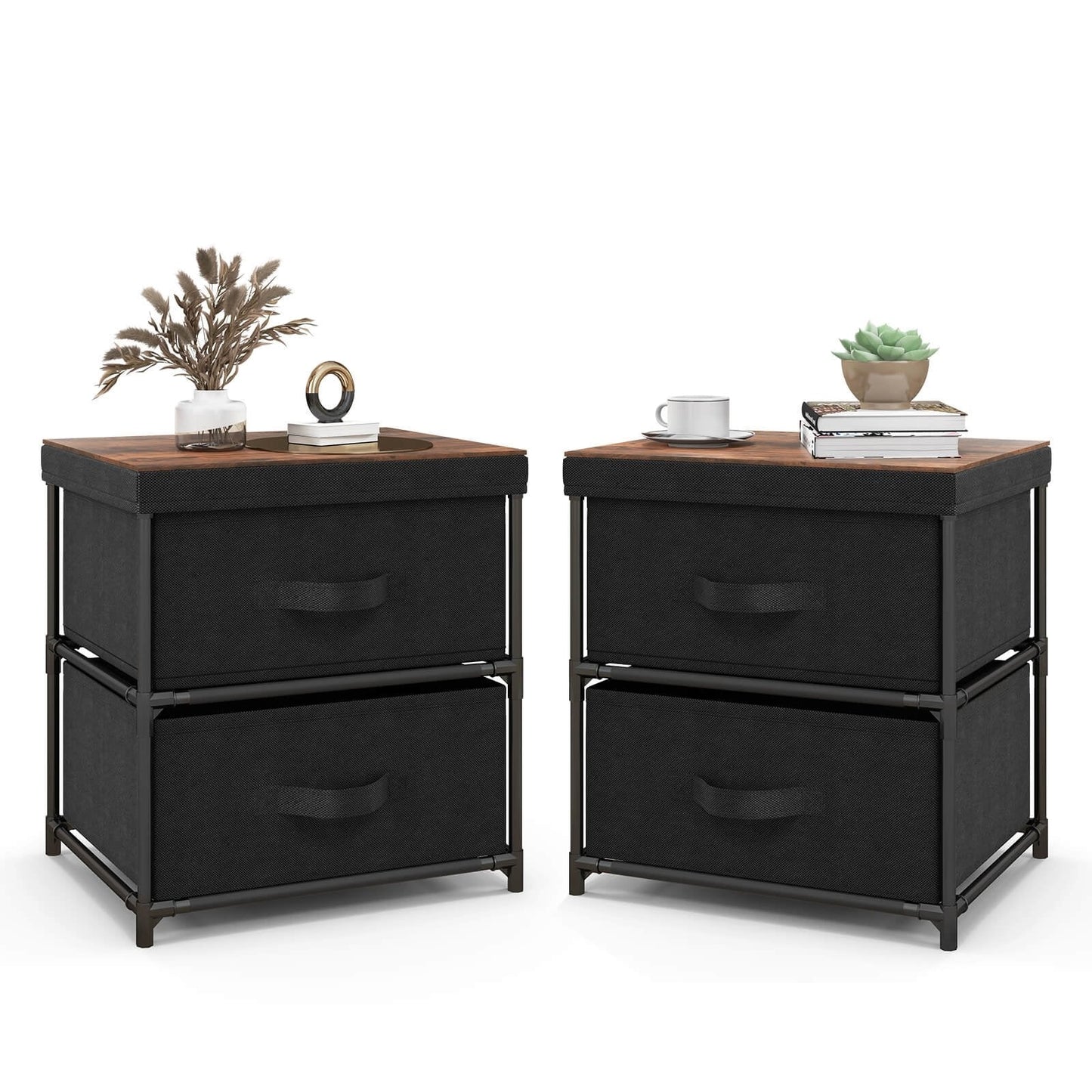 2-Drawer Nightstand with Removable Fabric Bins and Pull Handles, Black Nightstands   at Gallery Canada