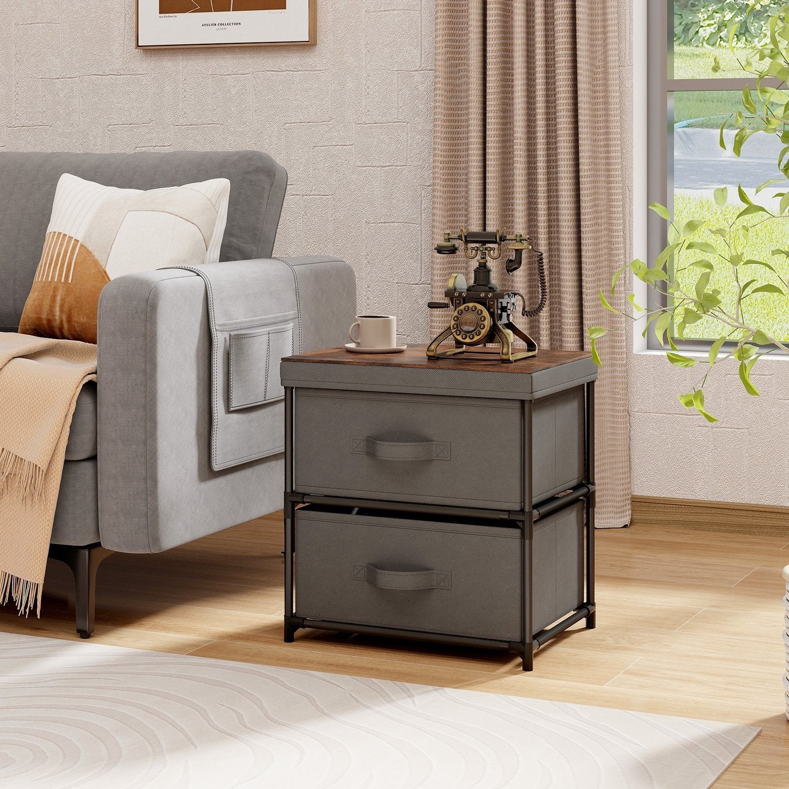 2-Drawer Nightstand with Removable Fabric Bins and Pull Handles, Gray Nightstands   at Gallery Canada