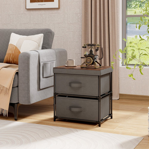 2-Drawer Nightstand with Removable Fabric Bins and Pull Handles, Gray