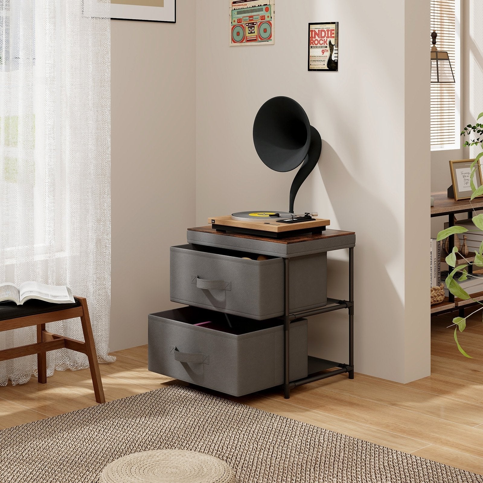 2-Drawer Nightstand with Removable Fabric Bins and Pull Handles, Gray Nightstands   at Gallery Canada