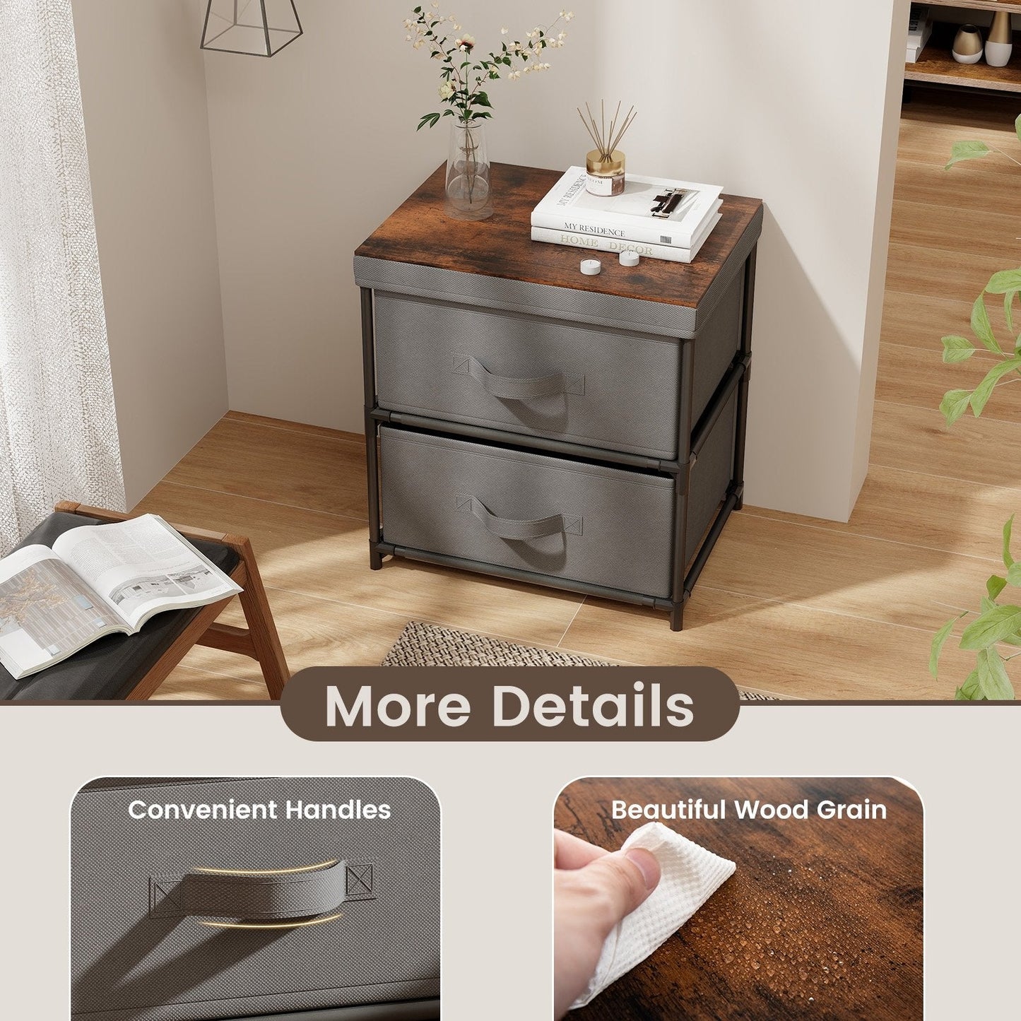 2-Drawer Nightstand with Removable Fabric Bins and Pull Handles, Gray Nightstands   at Gallery Canada