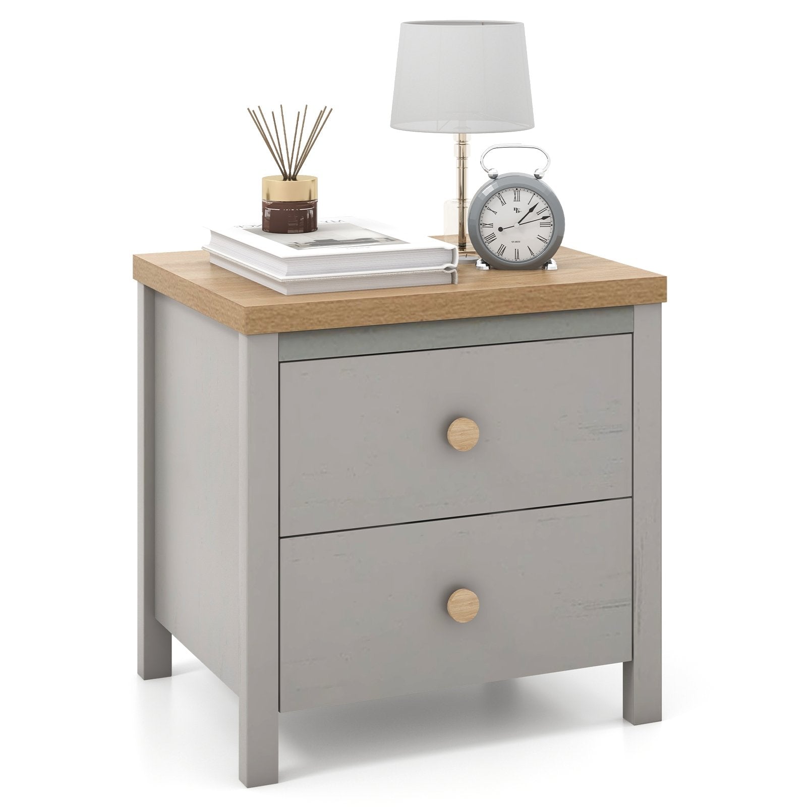 2-Drawer Nightstand with Rubber Wood Legs, Gray Nightstands   at Gallery Canada