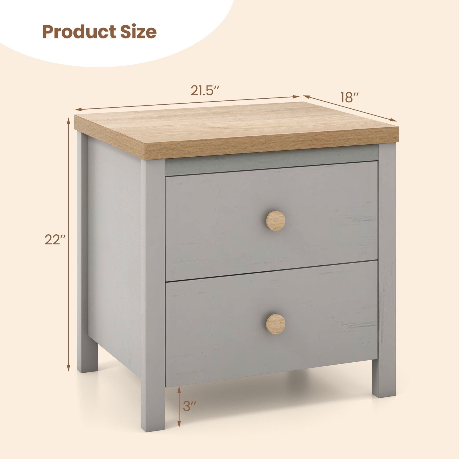 2-Drawer Nightstand with Rubber Wood Legs, Gray Nightstands   at Gallery Canada