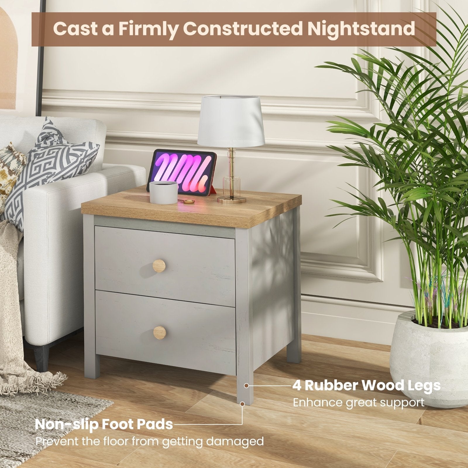 2-Drawer Nightstand with Rubber Wood Legs, Gray Nightstands   at Gallery Canada