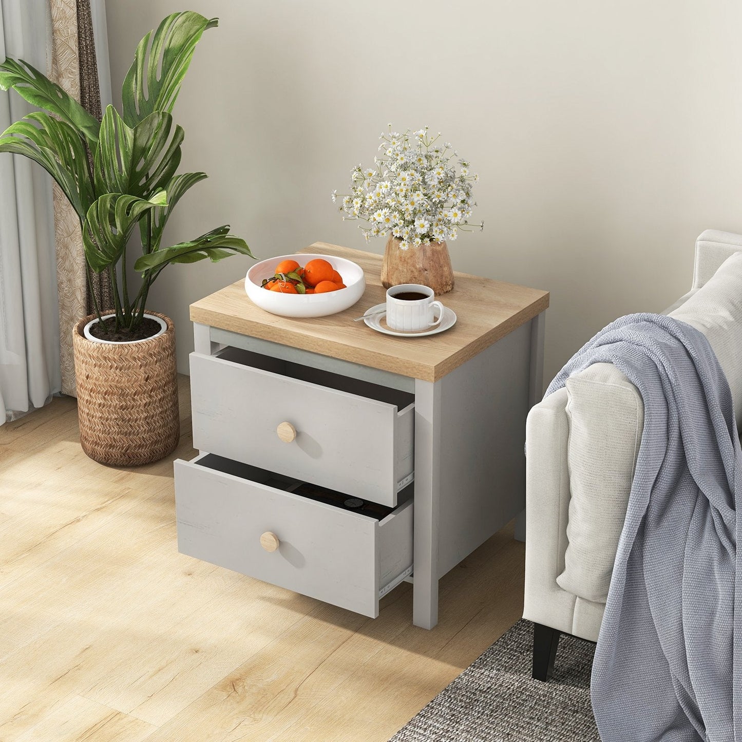 2-Drawer Nightstand with Rubber Wood Legs, Gray Nightstands   at Gallery Canada