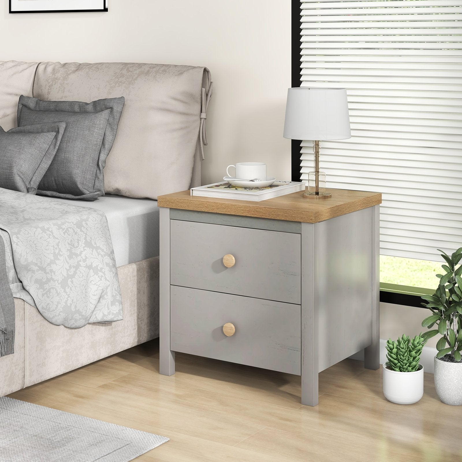 2-Drawer Nightstand with Rubber Wood Legs, Gray Nightstands   at Gallery Canada