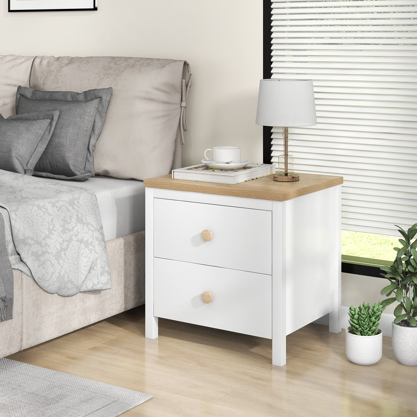 2-Drawer Nightstand with Rubber Wood Legs, White Nightstands   at Gallery Canada