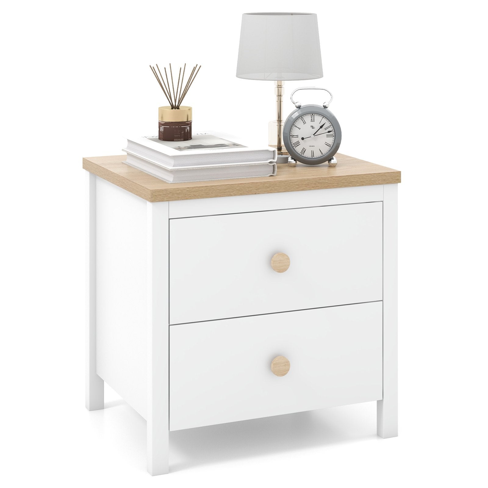 2-Drawer Nightstand with Rubber Wood Legs, White Nightstands   at Gallery Canada