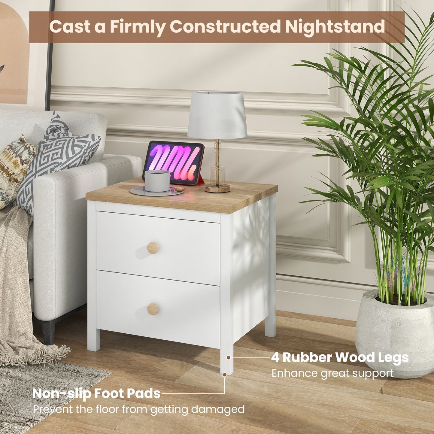 2-Drawer Nightstand with Rubber Wood Legs, White Nightstands   at Gallery Canada