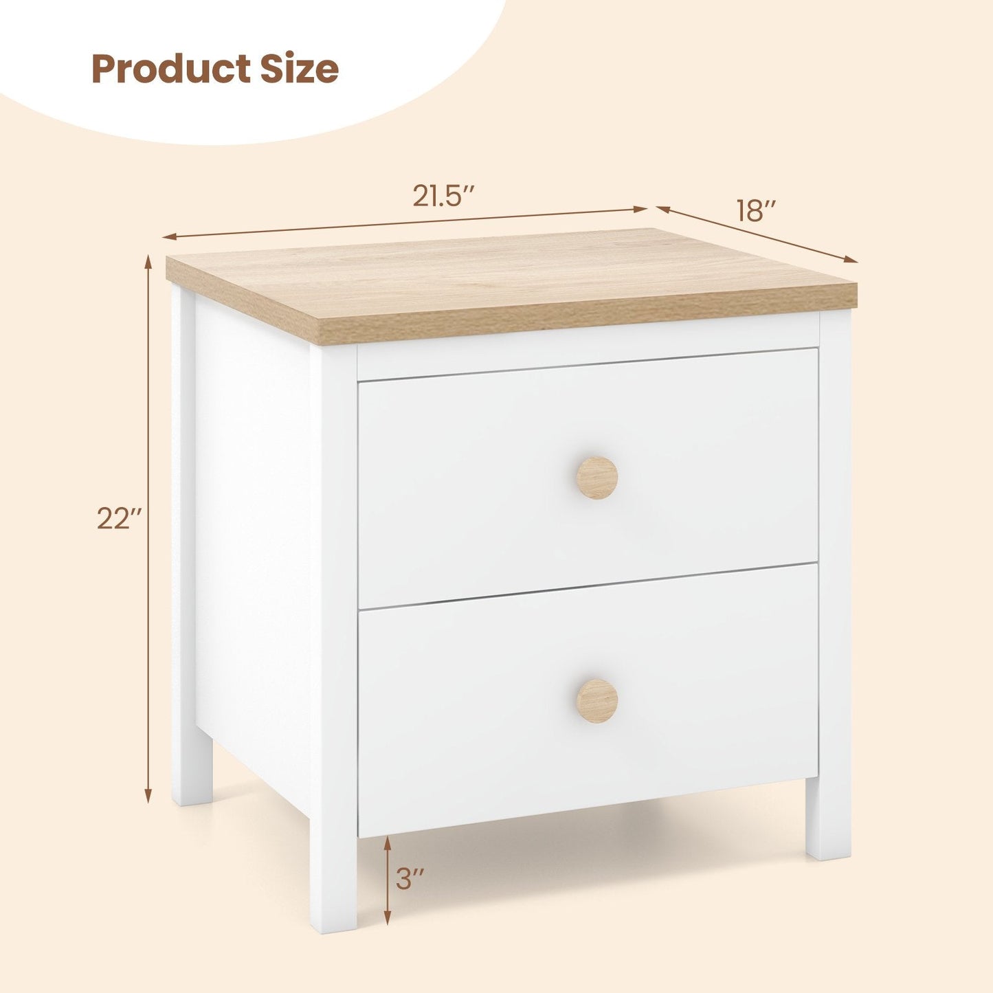 2-Drawer Nightstand with Rubber Wood Legs, White Nightstands   at Gallery Canada