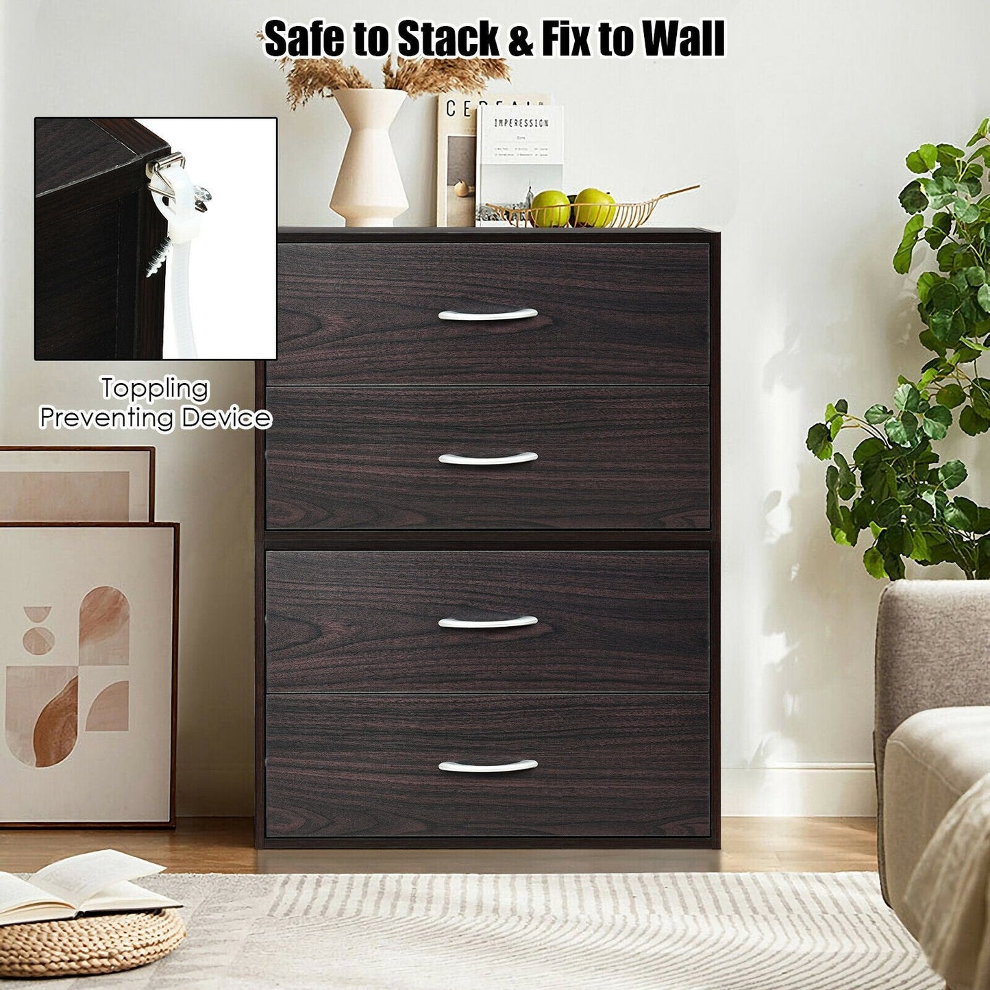 2-Drawer Stackable Horizontal Storage Cabinet Dresser Chest with Handles, Dark Brown Cabinets & Chests   at Gallery Canada