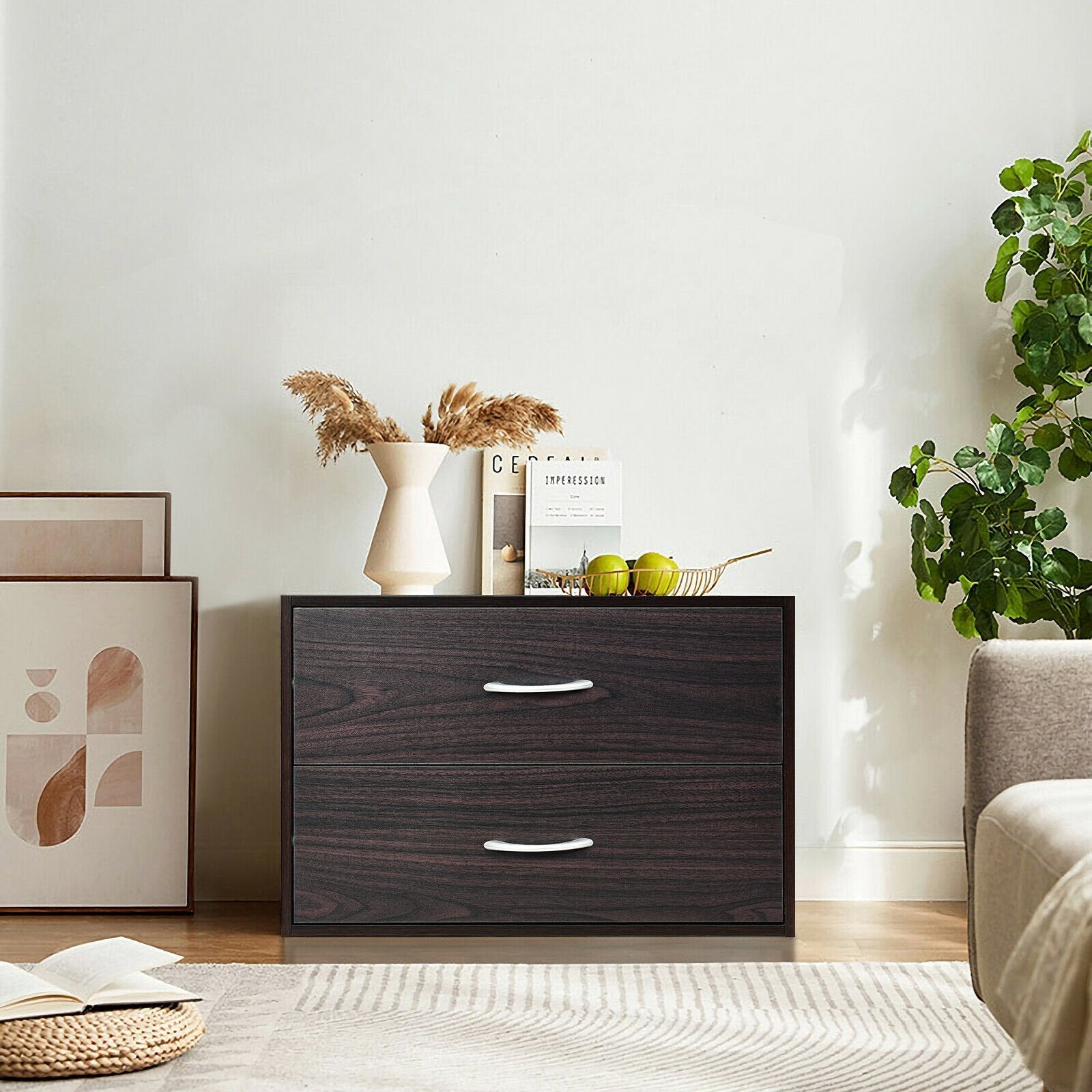 2-Drawer Stackable Horizontal Storage Cabinet Dresser Chest with Handles, Dark Brown Cabinets & Chests   at Gallery Canada