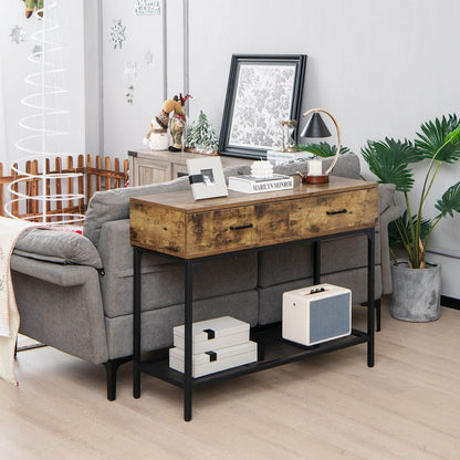 2 Drawers Industrial Console Table with Steel Frame for Small Space, Rustic Brown Console Tables   at Gallery Canada