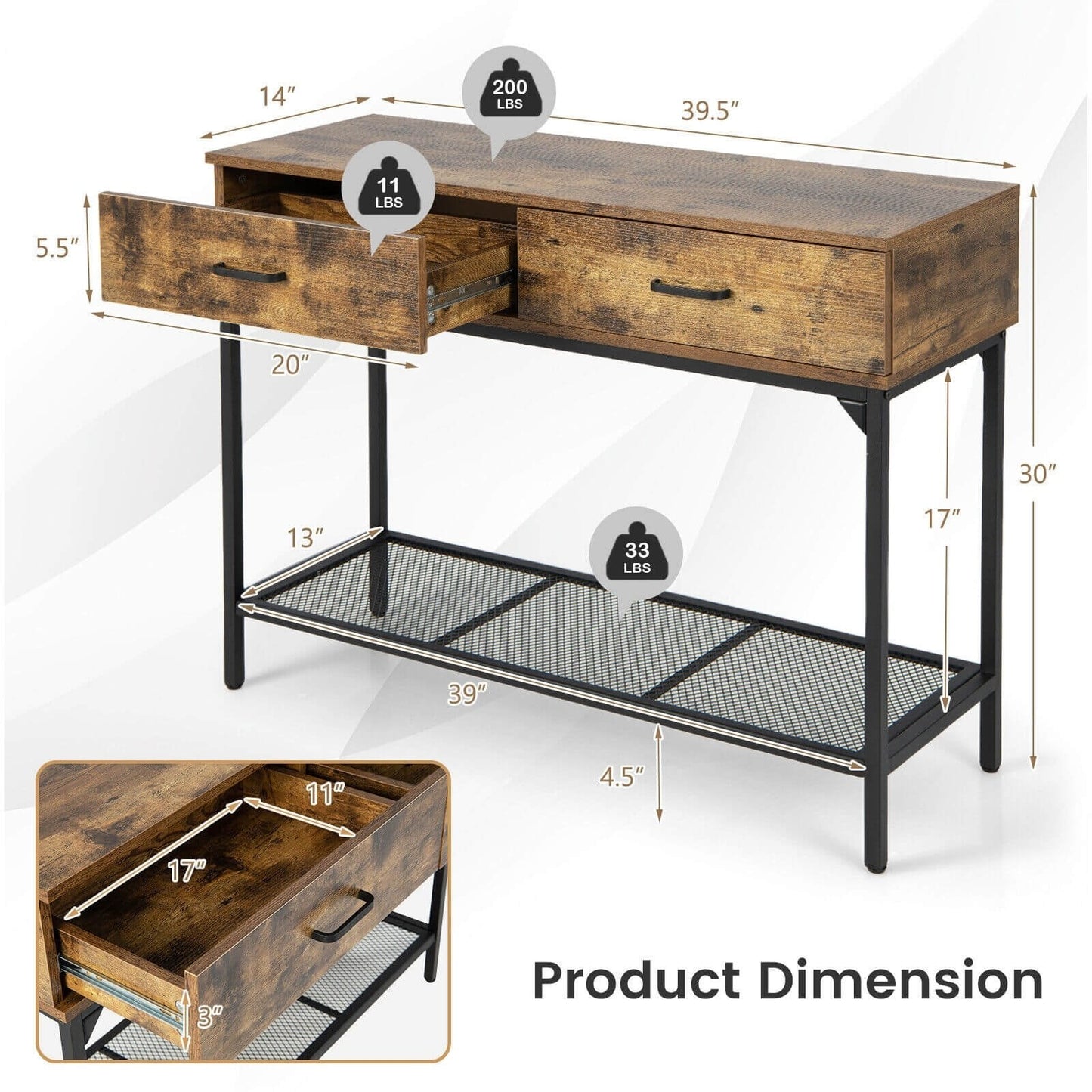 2 Drawers Industrial Console Table with Steel Frame for Small Space, Rustic Brown Console Tables   at Gallery Canada