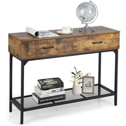 2 Drawers Industrial Console Table with Steel Frame for Small Space, Rustic Brown Console Tables   at Gallery Canada