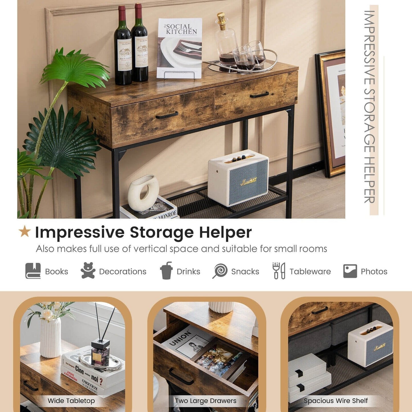 2 Drawers Industrial Console Table with Steel Frame for Small Space, Rustic Brown Console Tables   at Gallery Canada