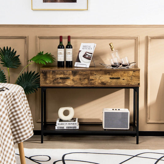 2 Drawers Industrial Console Table with Steel Frame for Small Space, Rustic Brown Console Tables   at Gallery Canada