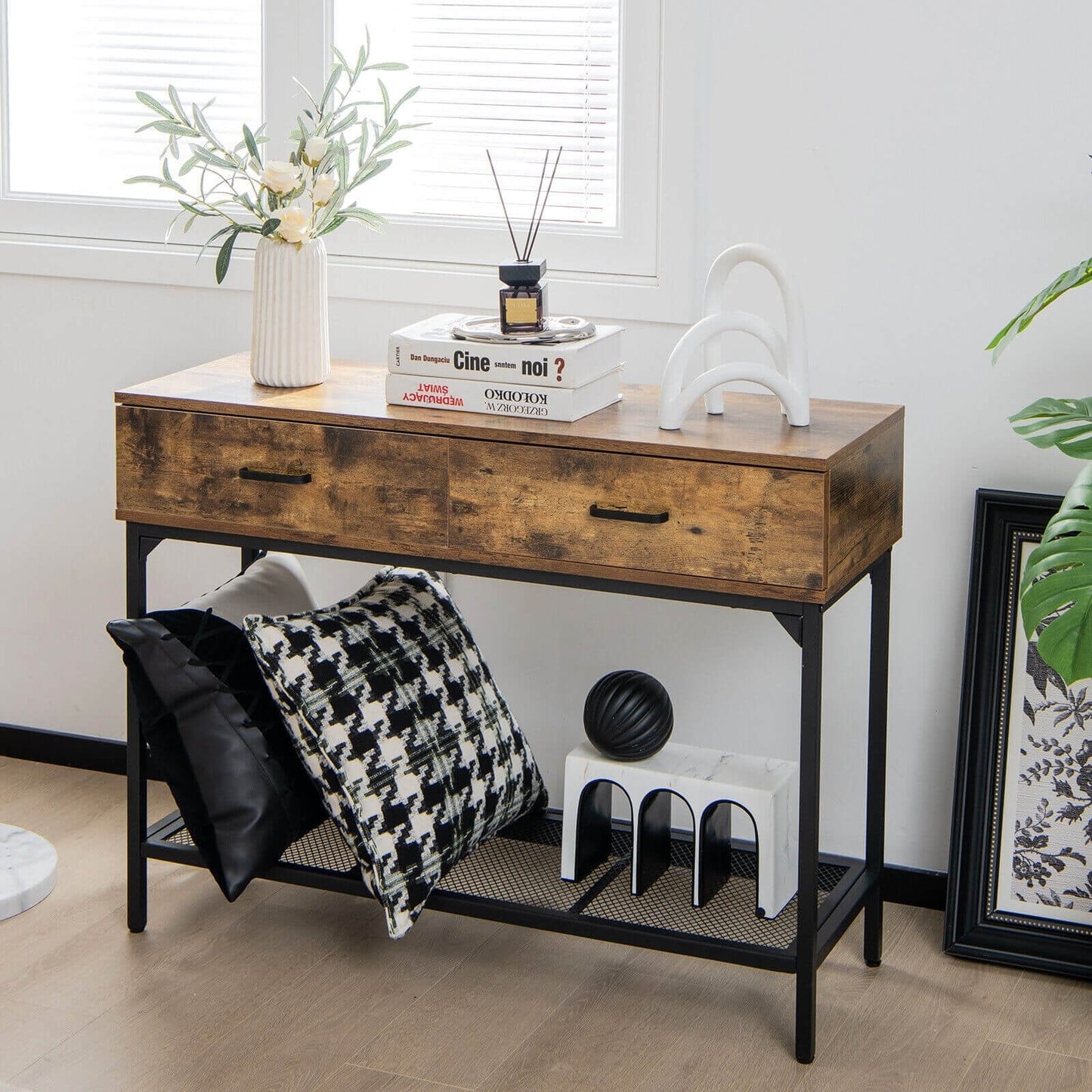 2 Drawers Industrial Console Table with Steel Frame for Small Space, Rustic Brown Console Tables   at Gallery Canada