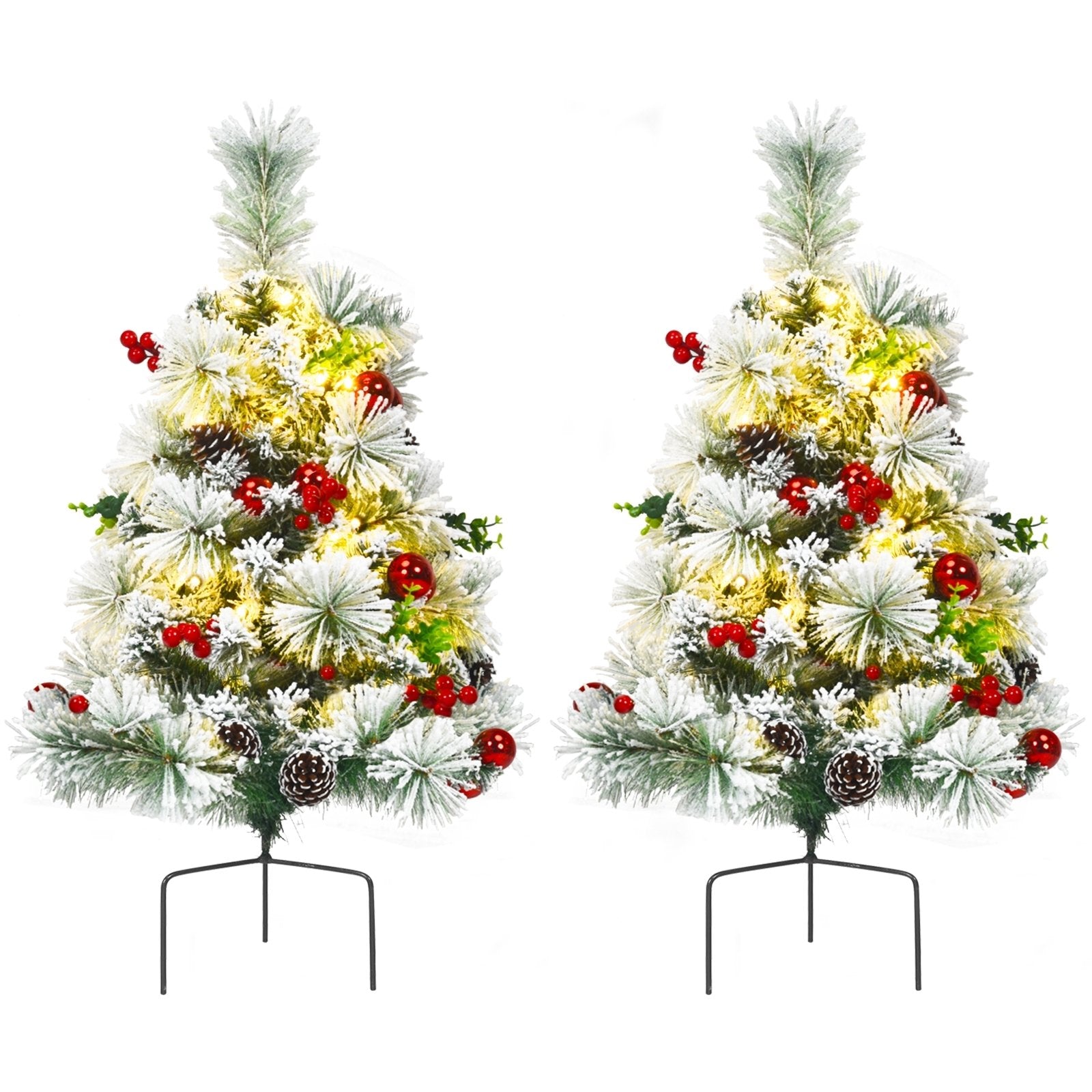 2 Feet Set of 2 Pre-lit Pathway Flocked Christmas Trees Battery Powered, Green Christmas Decor & Accessories   at Gallery Canada