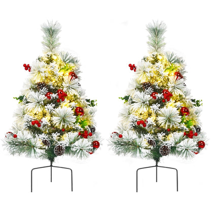 2 Feet Set of 2 Pre-lit Pathway Flocked Christmas Trees Battery Powered, Green Christmas Decor & Accessories   at Gallery Canada