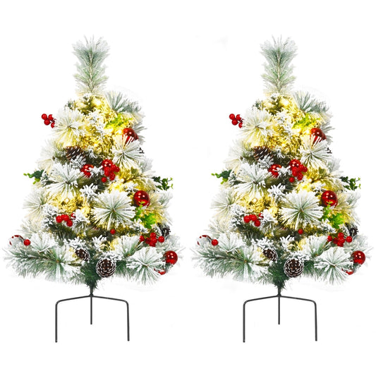 2 Feet Set of 2 Pre-lit Pathway Flocked Christmas Trees Battery Powered, Green Christmas Decor & Accessories   at Gallery Canada