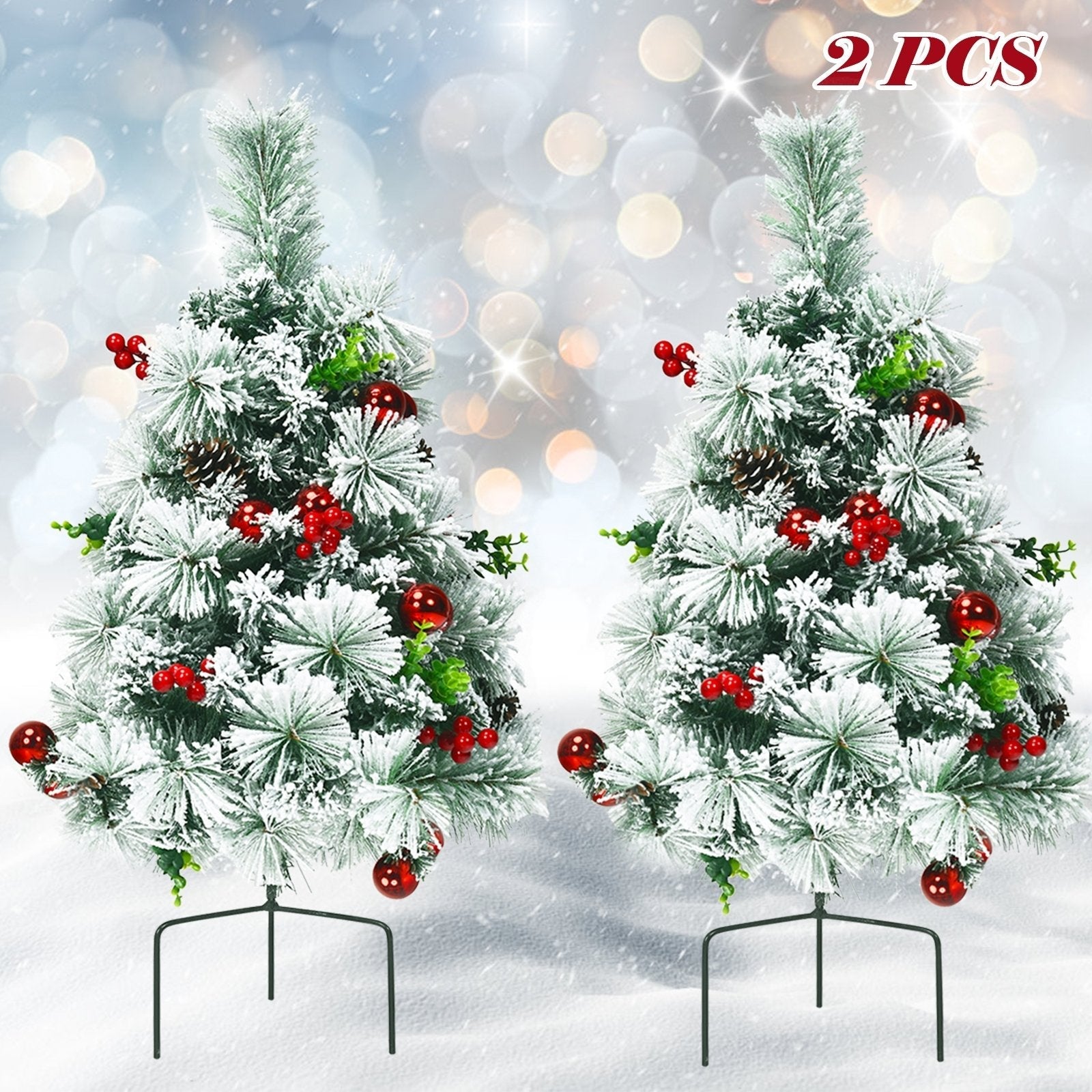 2 Feet Set of 2 Pre-lit Pathway Flocked Christmas Trees Battery Powered, Green Christmas Decor & Accessories   at Gallery Canada