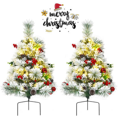 2 Feet Set of 2 Pre-lit Pathway Flocked Christmas Trees Battery Powered, Green Christmas Decor & Accessories   at Gallery Canada