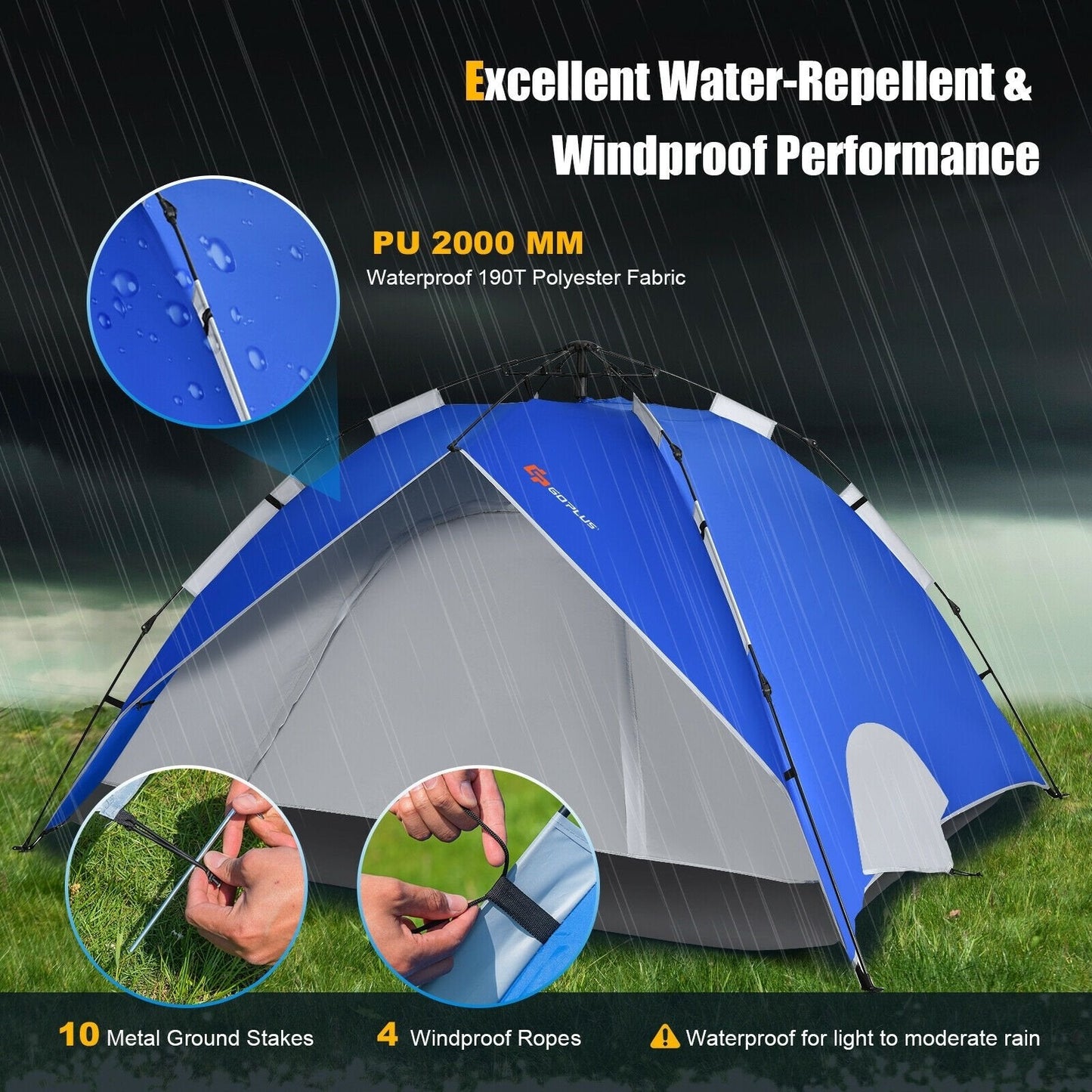 2-in-1 4 Person Instant Pop-up Waterproof Camping Tent, Blue Tents   at Gallery Canada