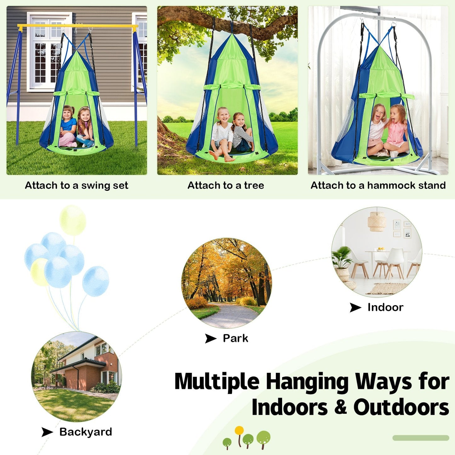 2-in-1 40 Inch Kids Hanging Chair Detachable Swing Tent Set, Green Swing & Playsets   at Gallery Canada