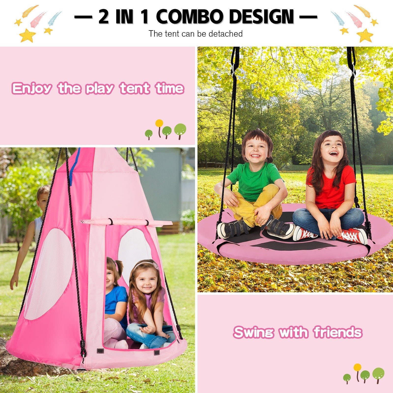 2-in-1 40 Inch Kids Hanging Chair Detachable Swing Tent Set, Pink Swing & Playsets   at Gallery Canada