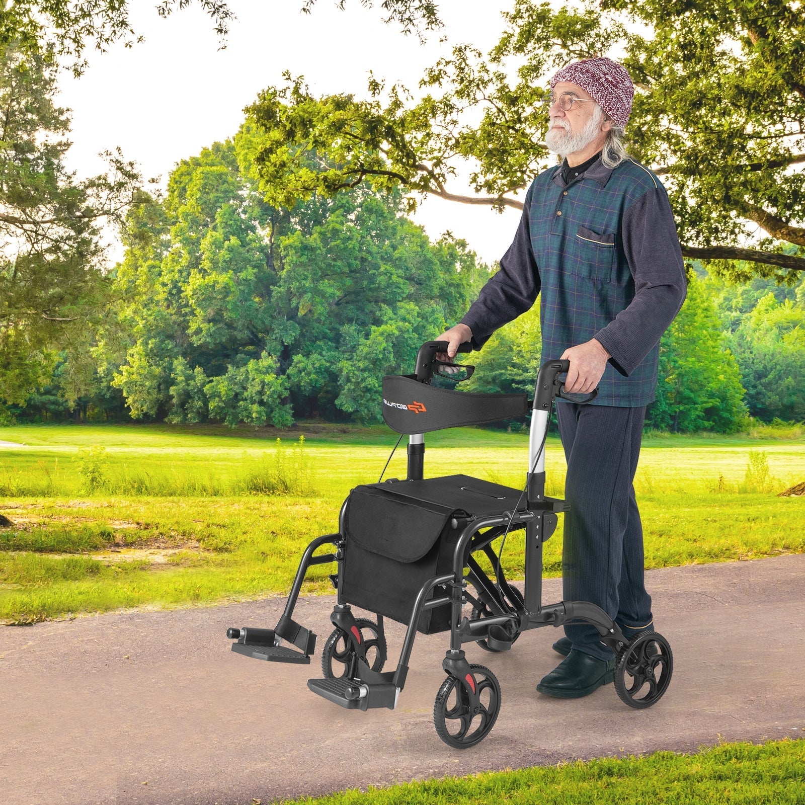 2-in-1 Adjustable Folding Handle Rollator Walker with Storage Space, Black Walkers & Rollators   at Gallery Canada