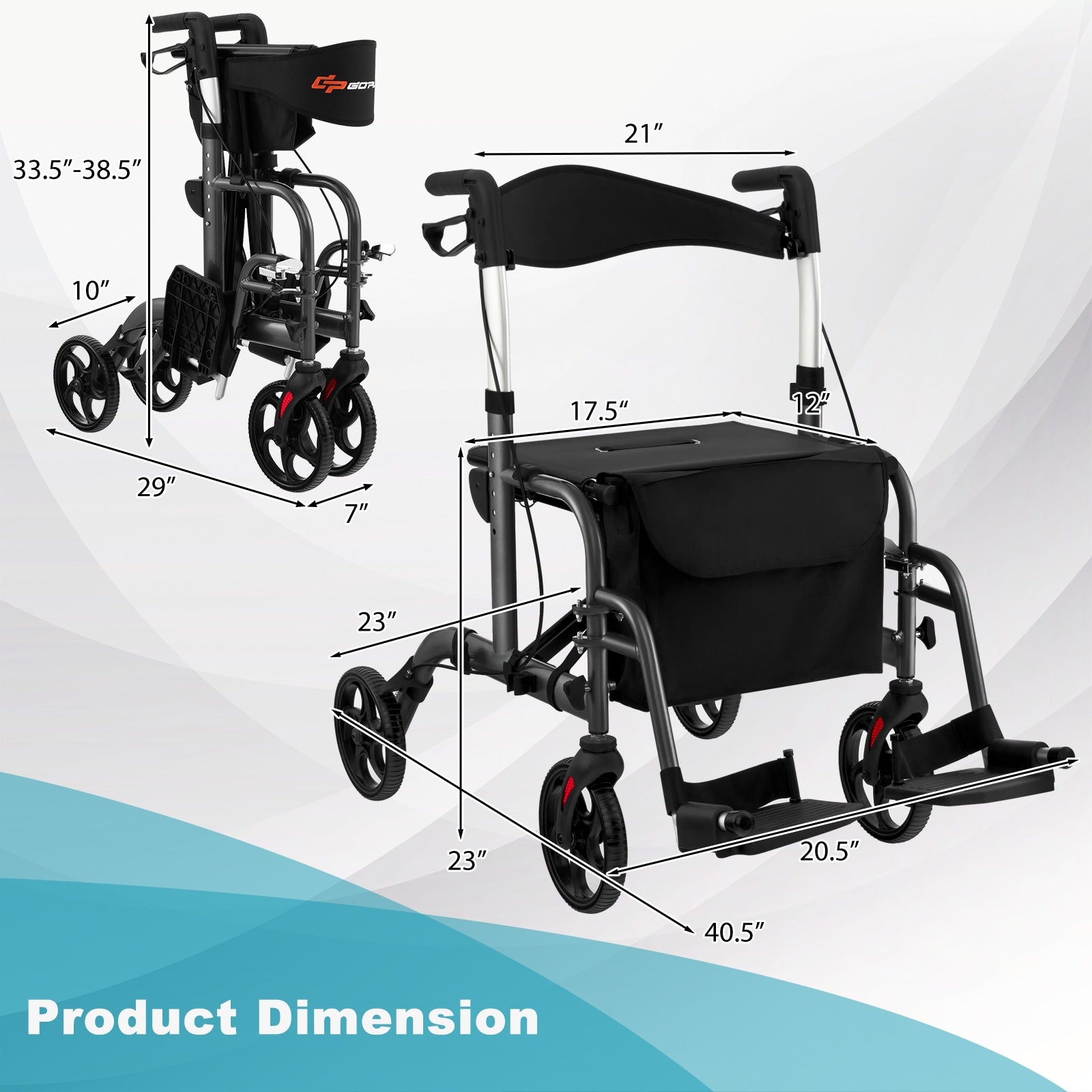 2-in-1 Adjustable Folding Handle Rollator Walker with Storage Space, Black Walkers & Rollators   at Gallery Canada