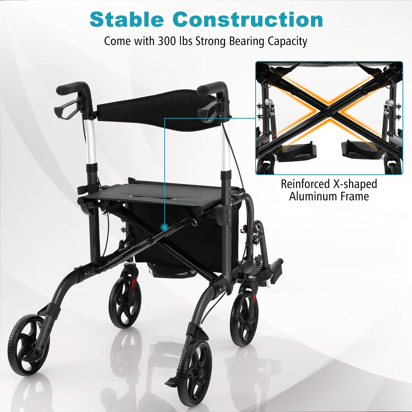 2-in-1 Adjustable Folding Handle Rollator Walker with Storage Space, Black Walkers & Rollators   at Gallery Canada