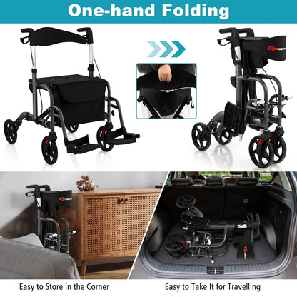 2-in-1 Adjustable Folding Handle Rollator Walker with Storage Space, Black Walkers & Rollators   at Gallery Canada