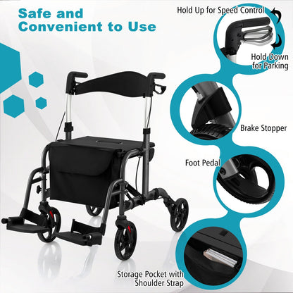 2-in-1 Adjustable Folding Handle Rollator Walker with Storage Space, Black Walkers & Rollators   at Gallery Canada