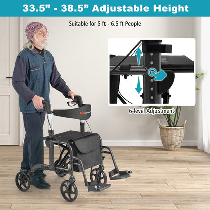 2-in-1 Adjustable Folding Handle Rollator Walker with Storage Space, Black Walkers & Rollators   at Gallery Canada