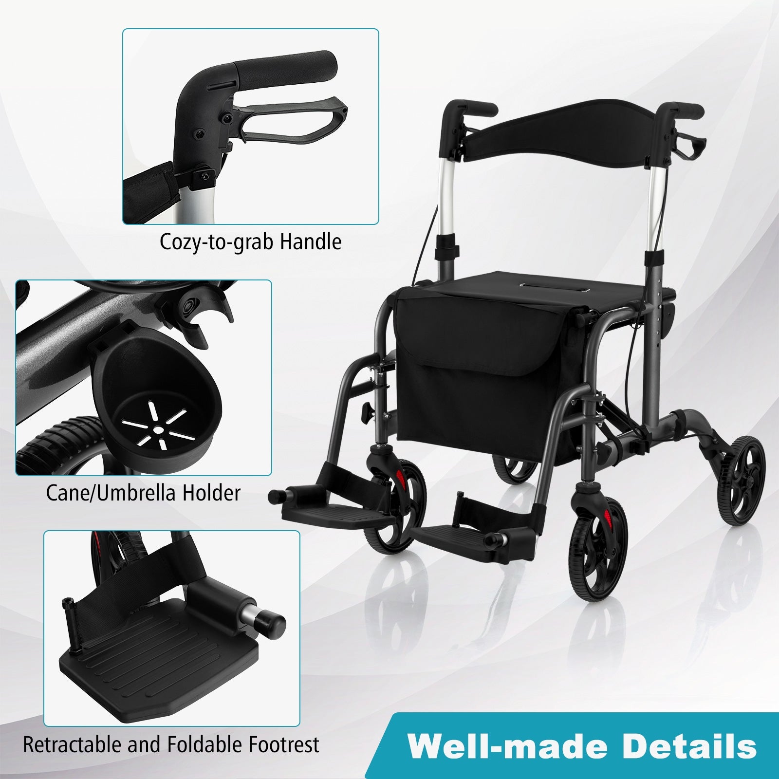 2-in-1 Adjustable Folding Handle Rollator Walker with Storage Space, Black Walkers & Rollators   at Gallery Canada