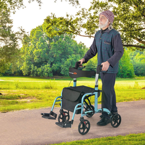 2-in-1 Adjustable Folding Handle Rollator Walker with Storage Space, Blue