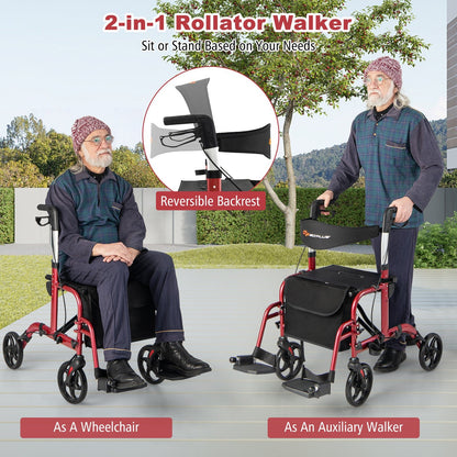 2-in-1 Adjustable Folding Handle Rollator Walker with Storage Space, Red Walkers & Rollators   at Gallery Canada