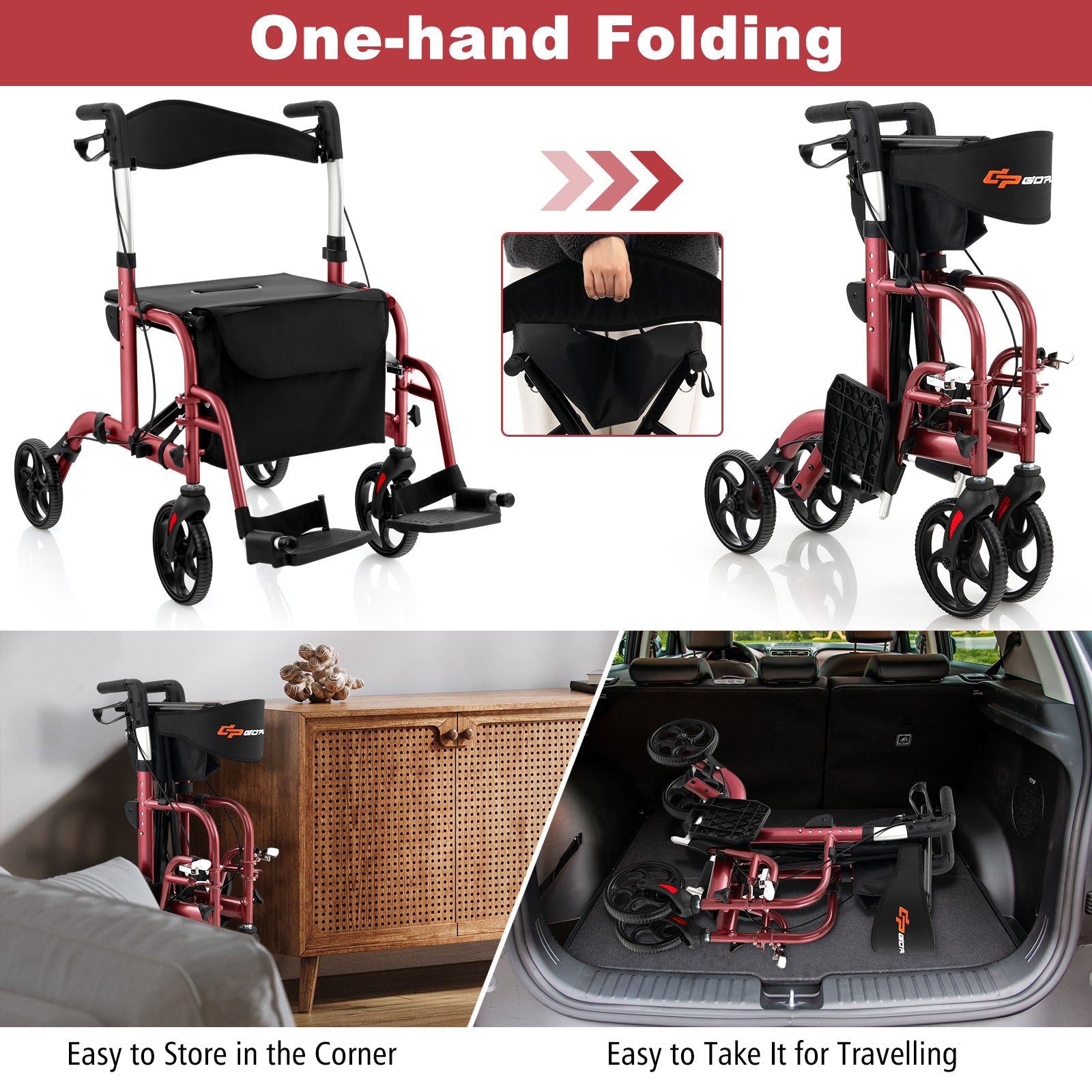 2-in-1 Adjustable Folding Handle Rollator Walker with Storage Space, Red Walkers & Rollators   at Gallery Canada