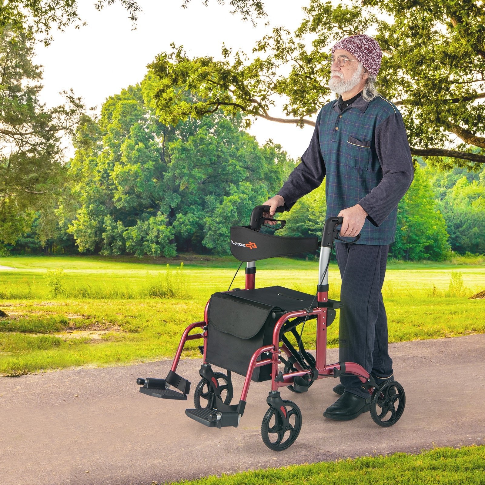 2-in-1 Adjustable Folding Handle Rollator Walker with Storage Space, Red Walkers & Rollators   at Gallery Canada