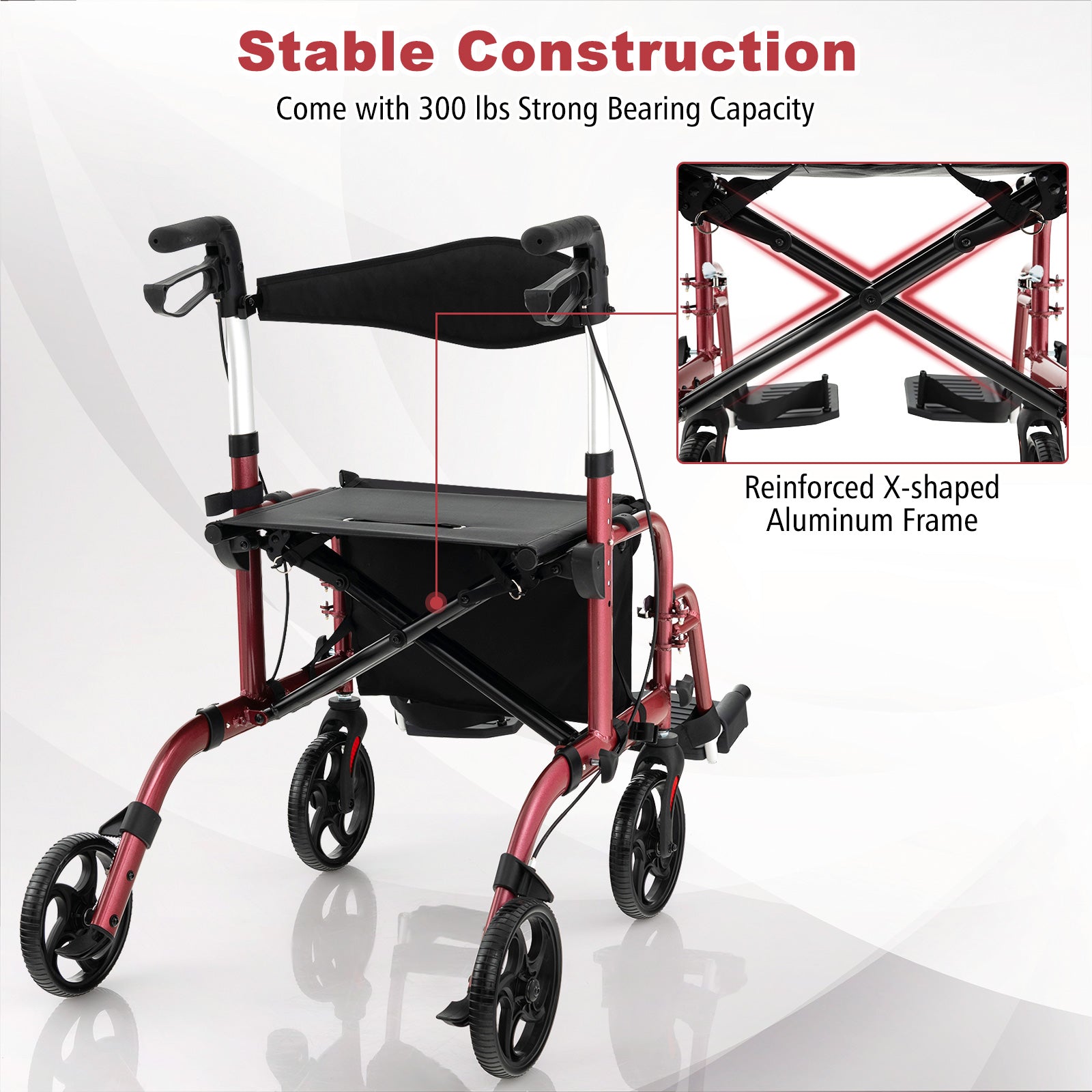 2-in-1 Adjustable Folding Handle Rollator Walker with Storage Space, Red Walkers & Rollators   at Gallery Canada