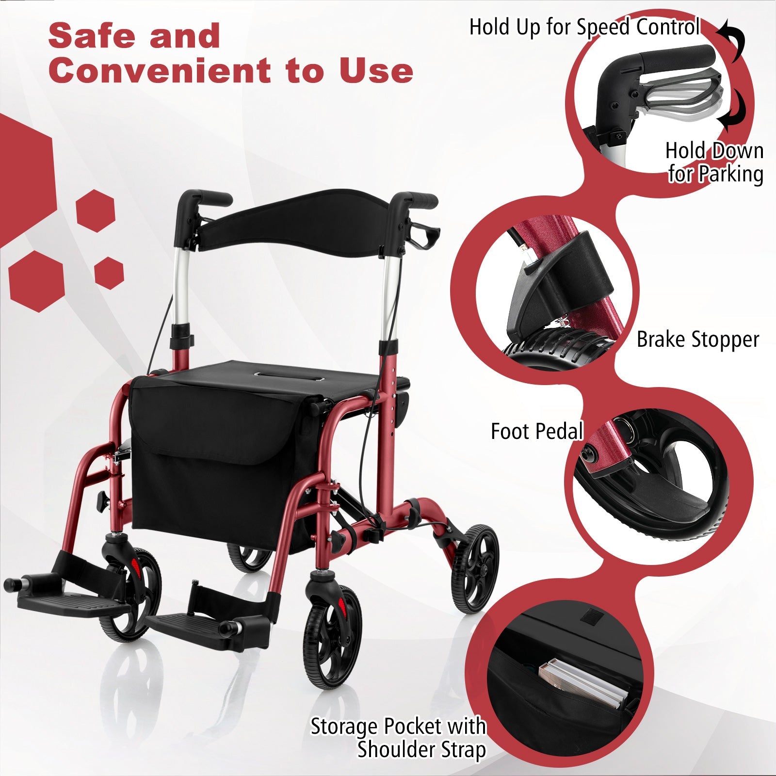 2-in-1 Adjustable Folding Handle Rollator Walker with Storage Space, Red Walkers & Rollators   at Gallery Canada