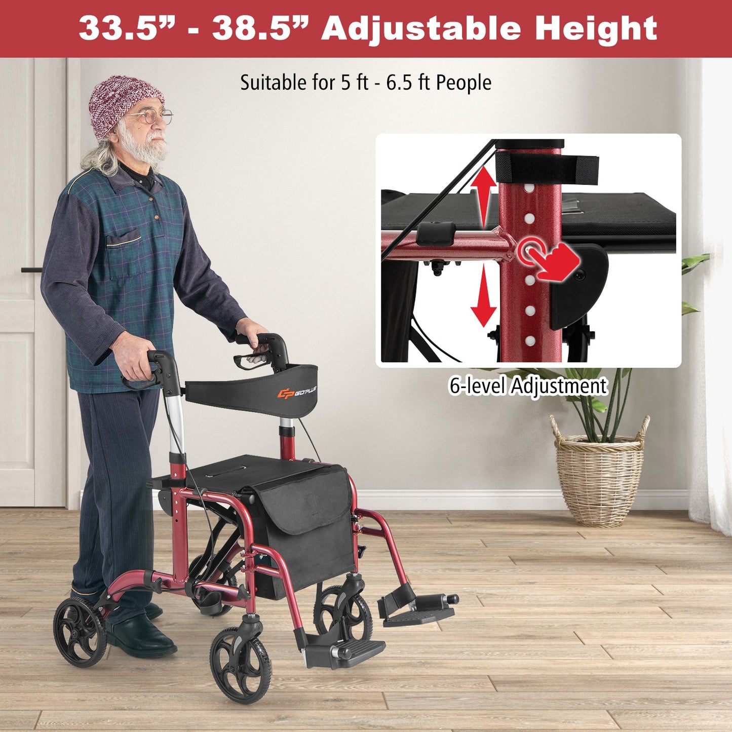 2-in-1 Adjustable Folding Handle Rollator Walker with Storage Space, Red Walkers & Rollators   at Gallery Canada