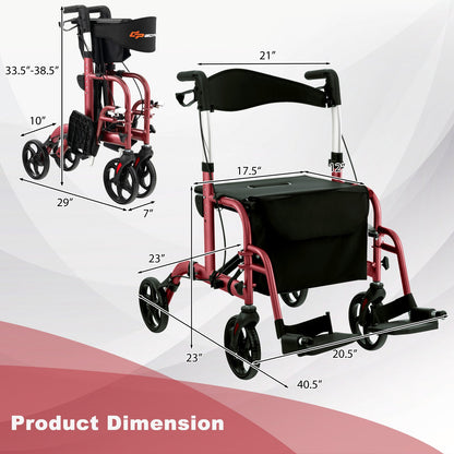 2-in-1 Adjustable Folding Handle Rollator Walker with Storage Space, Red Walkers & Rollators   at Gallery Canada