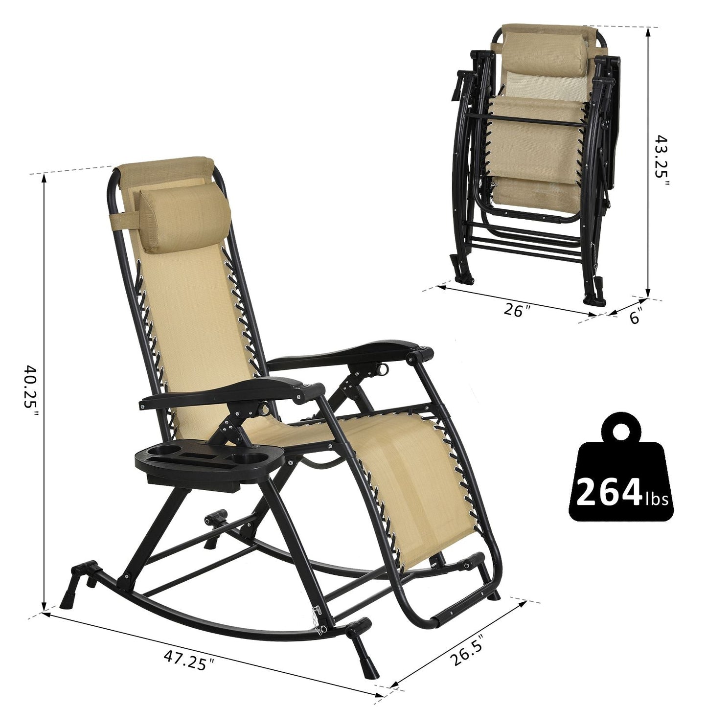 2 in 1 Adjustable Zero Gravity Reclining Lounge Chair Garden Recliner and Rocker Foldable Sun Lounger Napping Seat w/ Headrest &; Tray Cream White Outdoor Rocking Chairs   at Gallery Canada